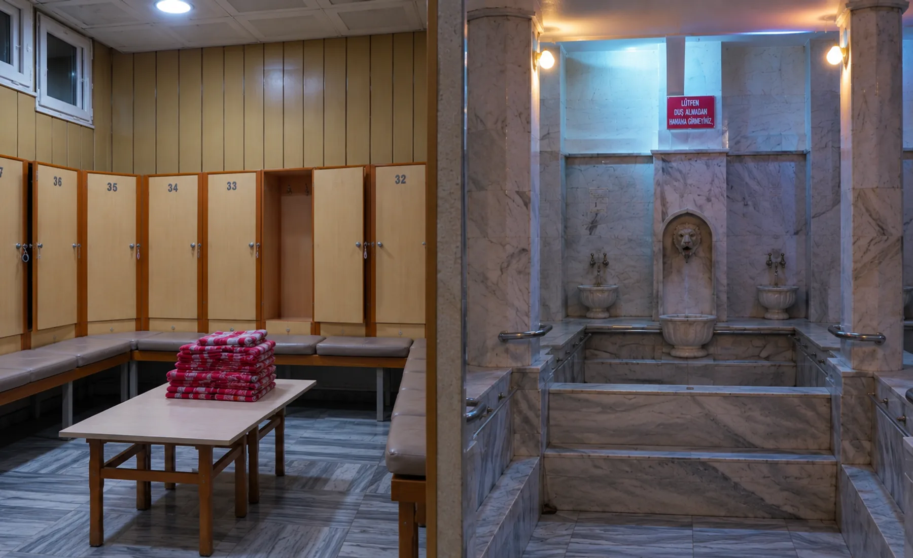 Has Hamam — Has Termal Otel içindeki Türk hamamının mermer kurnaları ve göbek taşı